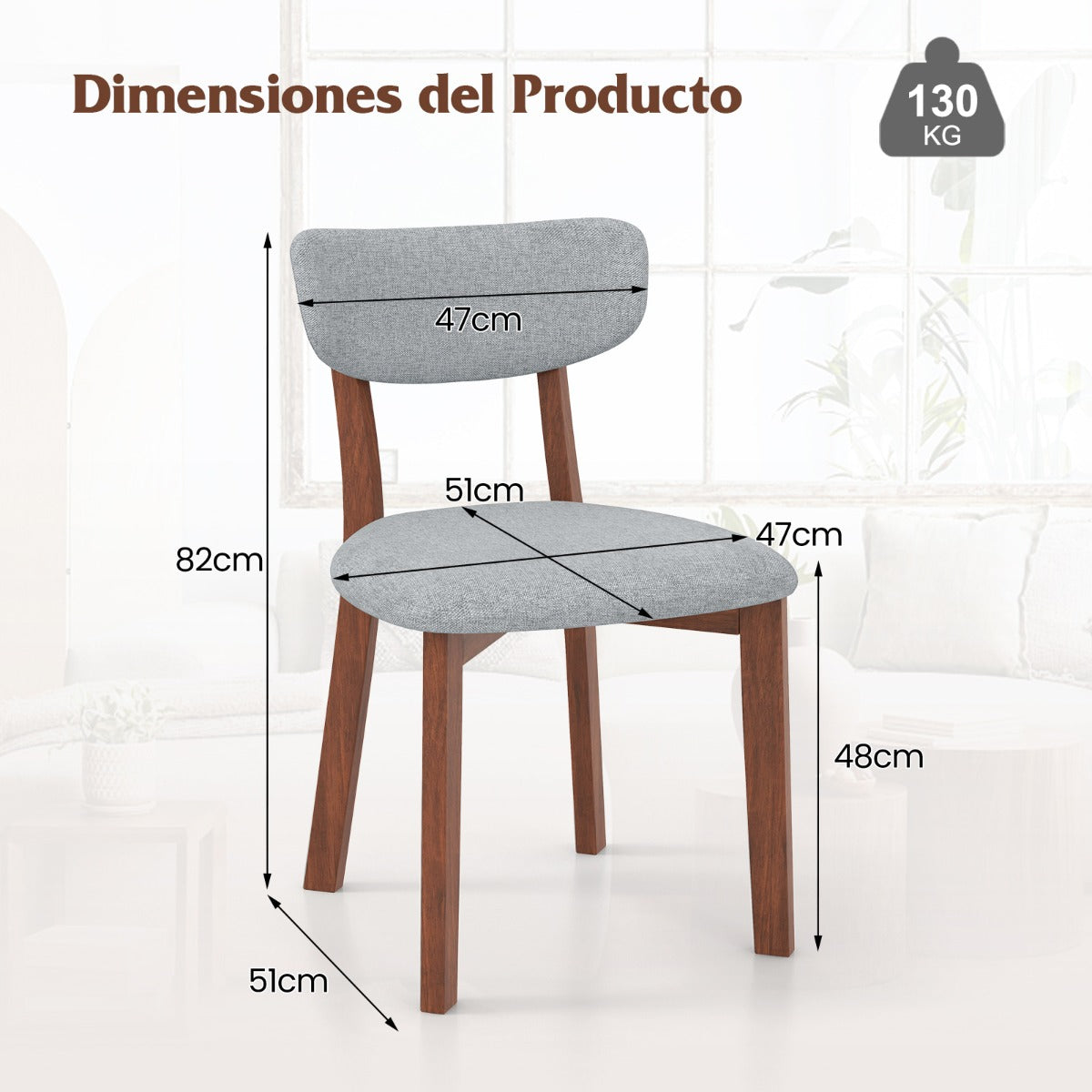Juego de 2 Sillas Tapizadas de Comedor con Respaldo Marco de Madera Maciza de Caucho Cojín de Asiento Acolchado 51 x 47 x 82 cm Gris
