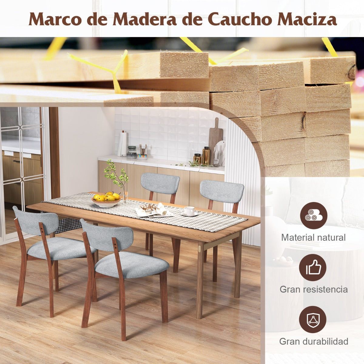 Juego de 2 Sillas Tapizadas de Comedor con Respaldo Marco de Madera Maciza de Caucho Cojín de Asiento Acolchado 51 x 47 x 82 cm Gris