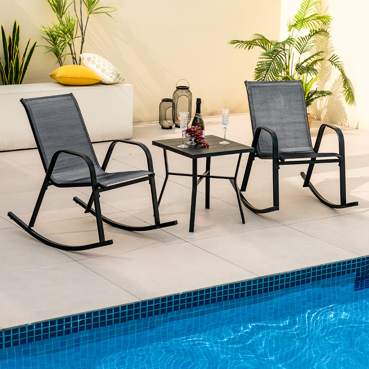 Juego de 2 Sillas Mecedoras Patio Ergonómicas Asiento de Textilene Balanceo Suave Carga 150kg para Terraza Jardín 91 x 62 x 86 cm Negro