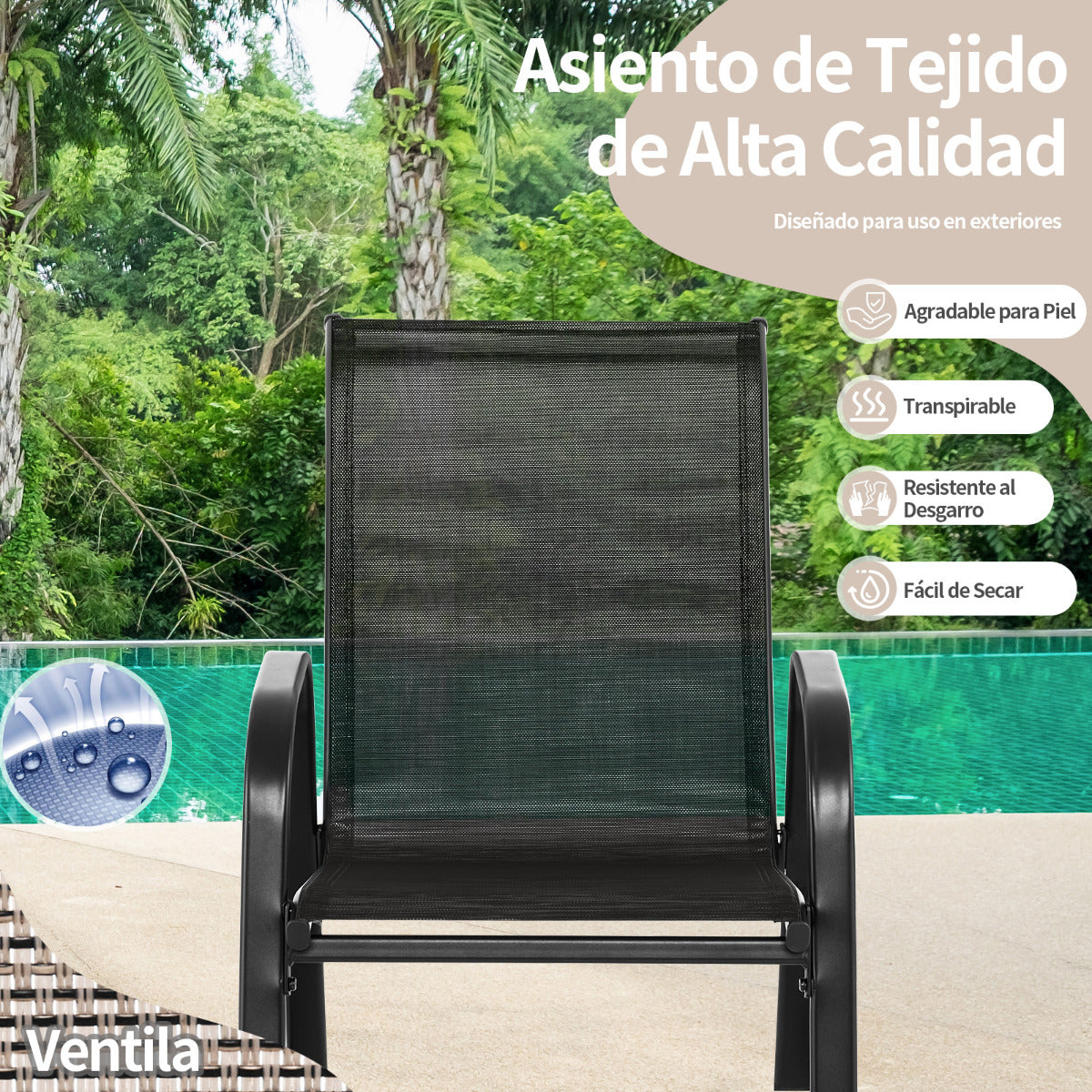 Juego de 2 Sillas Mecedoras Patio Ergonómicas Asiento de Textilene Balanceo Suave Carga 150kg para Terraza Jardín 91 x 62 x 86 cm Negro