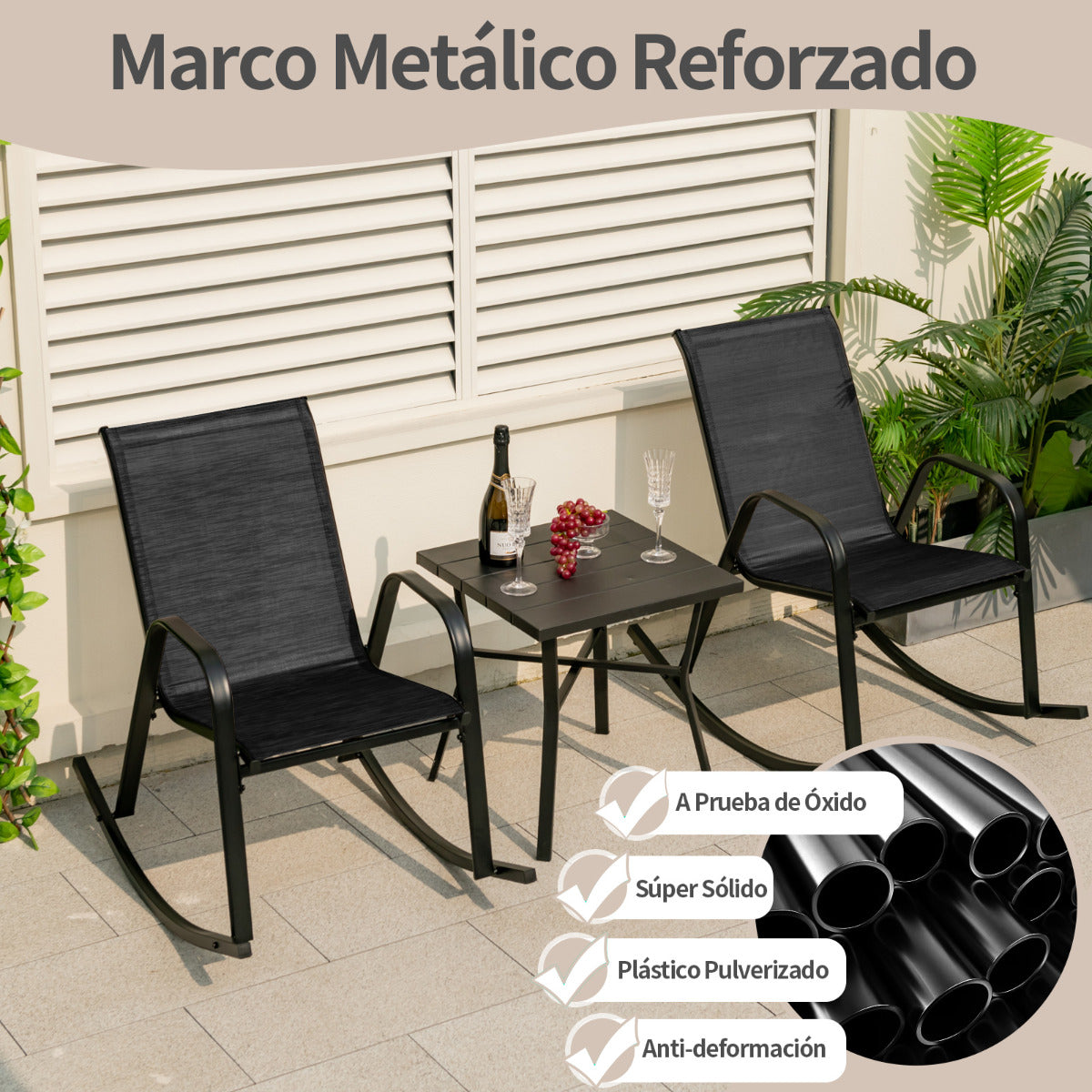 Juego de 2 Sillas Mecedoras Patio Ergonómicas Asiento de Textilene Balanceo Suave Carga 150kg para Terraza Jardín 91 x 62 x 86 cm Negro