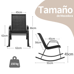 Juego de 2 Sillas Mecedoras Patio Ergonómicas Asiento de Textilene Balanceo Suave Carga 150kg para Terraza Jardín 91 x 62 x 86 cm Negro