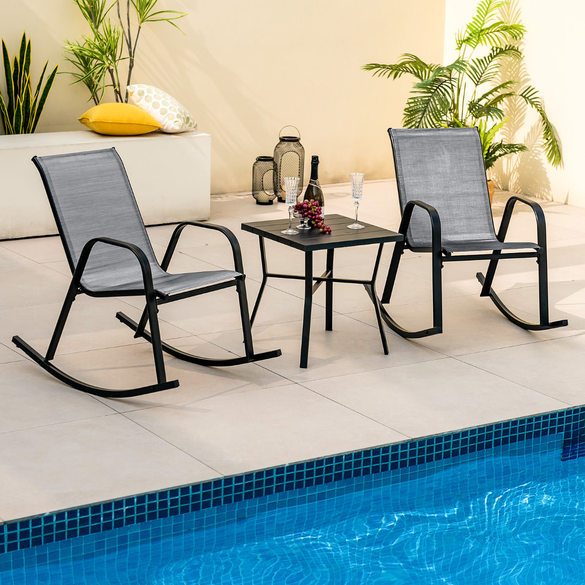 Juego de 2 Sillas Mecedoras Patio Ergonómicas Asiento de Textilene Balanceo Suave Carga 150kg para Terraza Jardín 91 x 62 x 86 cm Gris