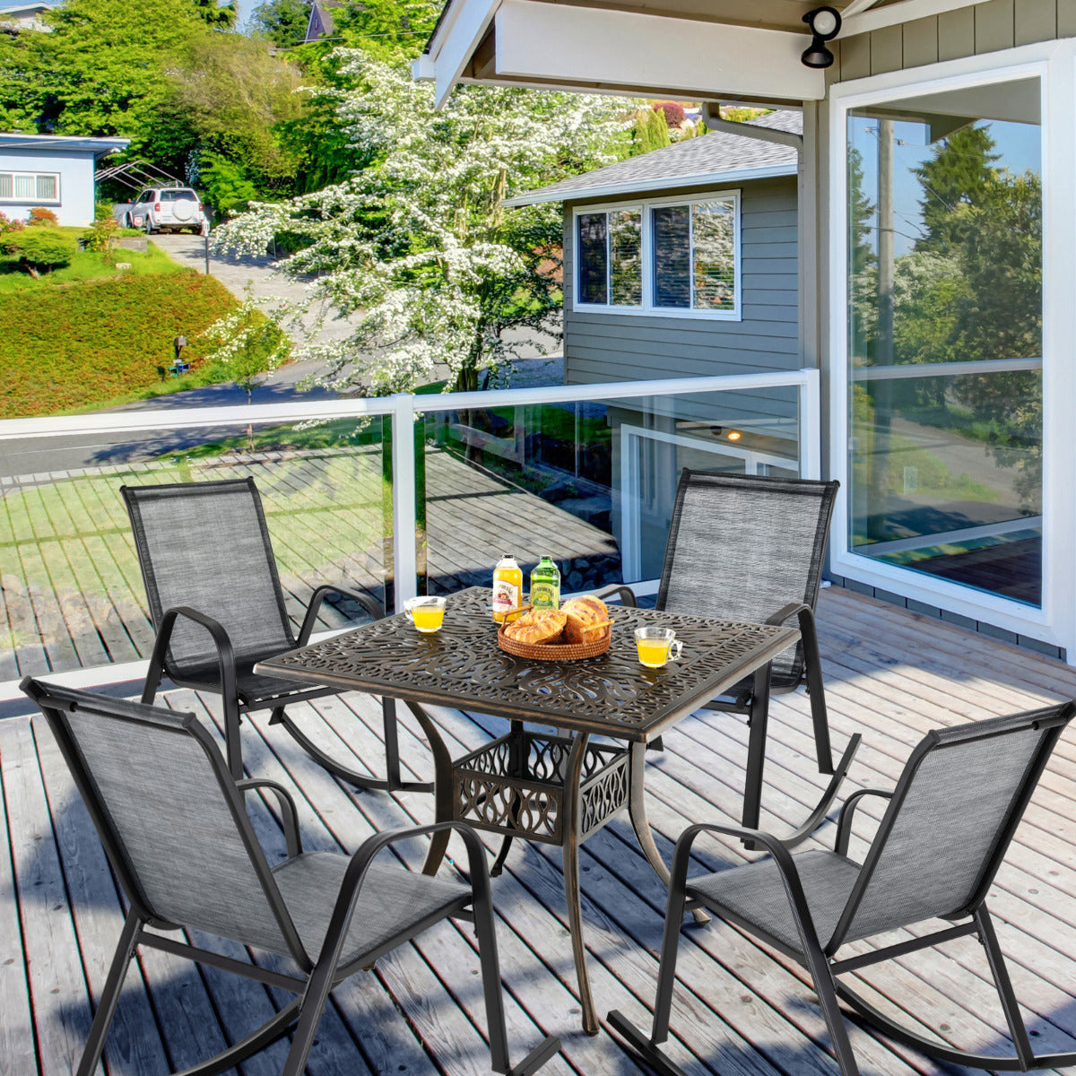 Juego de 2 Sillas Mecedoras Patio Ergonómicas Asiento de Textilene Balanceo Suave Carga 150kg para Terraza Jardín 91 x 62 x 86 cm Gris