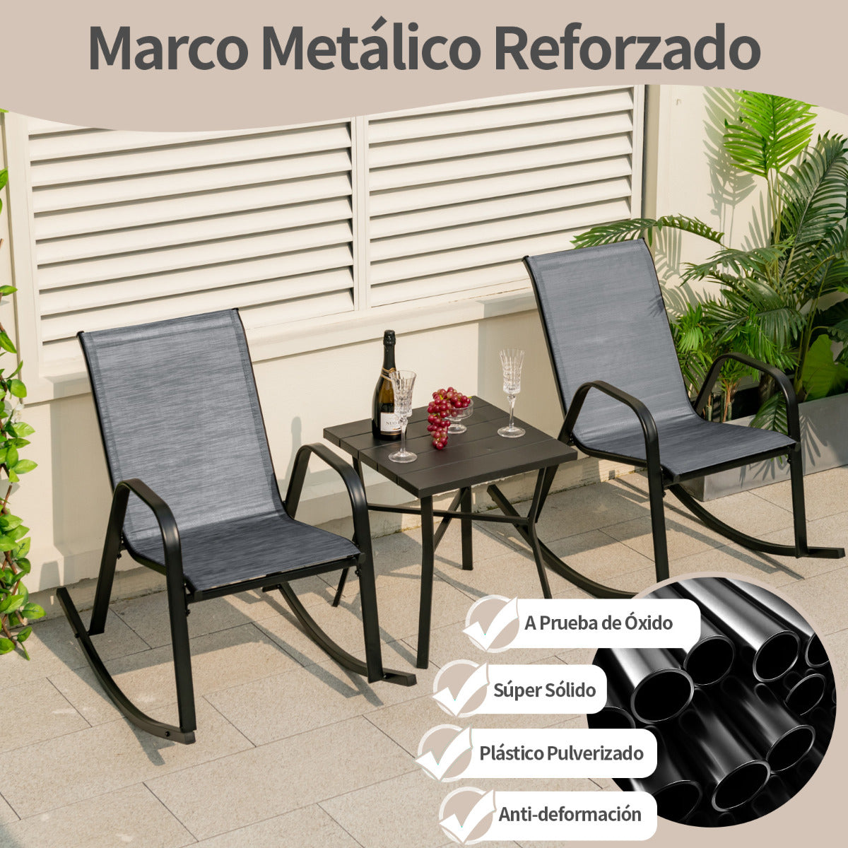 Juego de 2 Sillas Mecedoras Patio Ergonómicas Asiento de Textilene Balanceo Suave Carga 150kg para Terraza Jardín 91 x 62 x 86 cm Gris