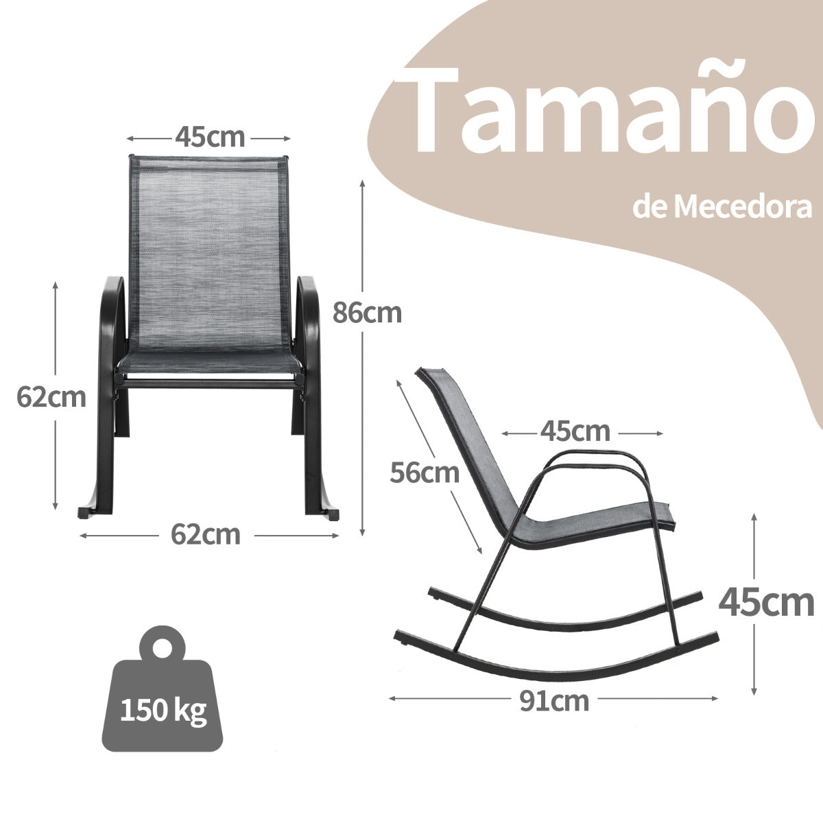 Juego de 2 Sillas Mecedoras Patio Ergonómicas Asiento de Textilene Balanceo Suave Carga 150kg para Terraza Jardín 91 x 62 x 86 cm Gris