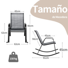 Juego de 2 Sillas Mecedoras Patio Ergonómicas Asiento de Textilene Balanceo Suave Carga 150kg para Terraza Jardín 91 x 62 x 86 cm Gris