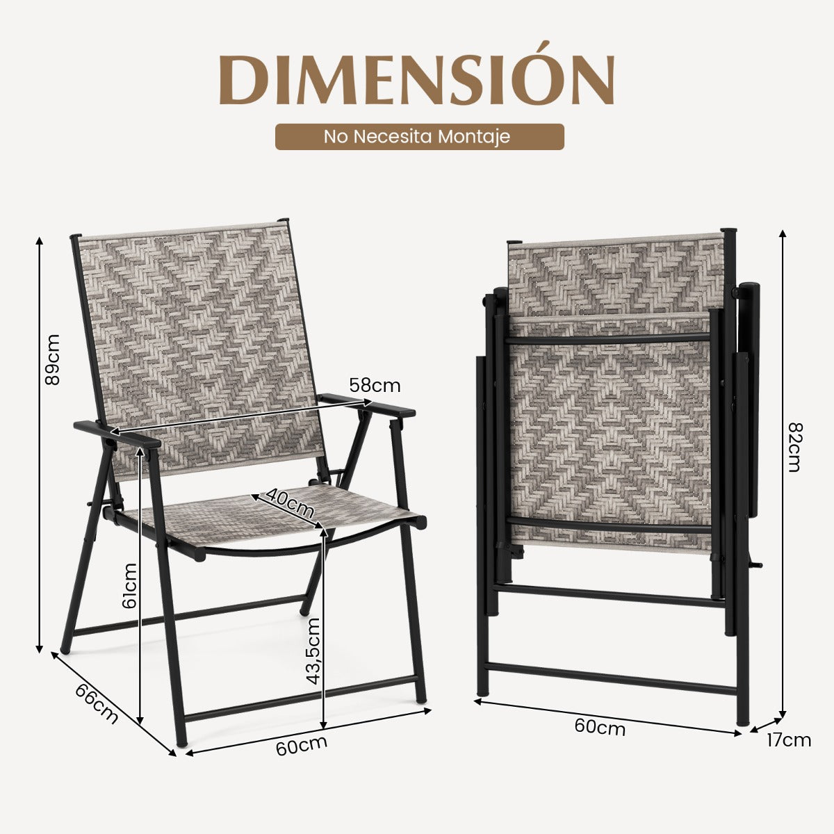 Juego de 2 Sillas Plegables de Mimbre para Patio con Reposabrazos Estructura de Metal para Jardín Patio Trasero 60 x 66 x 89 cm Gris