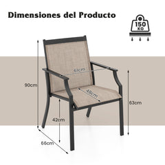 Juego de 2 Sillas de Comedor para Patio Porche con Asiento Transpirable Estructura de Metal Respaldo Alto y Apoyabrazos Ergonómicos Café