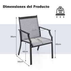 Juego de 2 Sillas de Comedor para Patio Porche con Asiento Transpirable Estructura de Metal Respaldo Alto y Apoyabrazos Ergonómicos Gris
