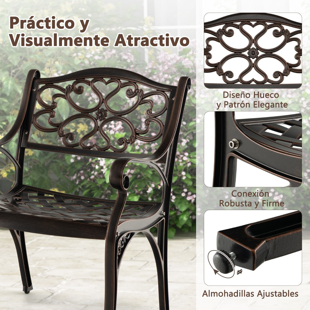 Juego de 2 Sillas de Patio de Aluminio Fundido con Asientos Curvos y Reposabrazos Sillas de Bistró de Metal 60 x 56,5 x 82 cm Bronce