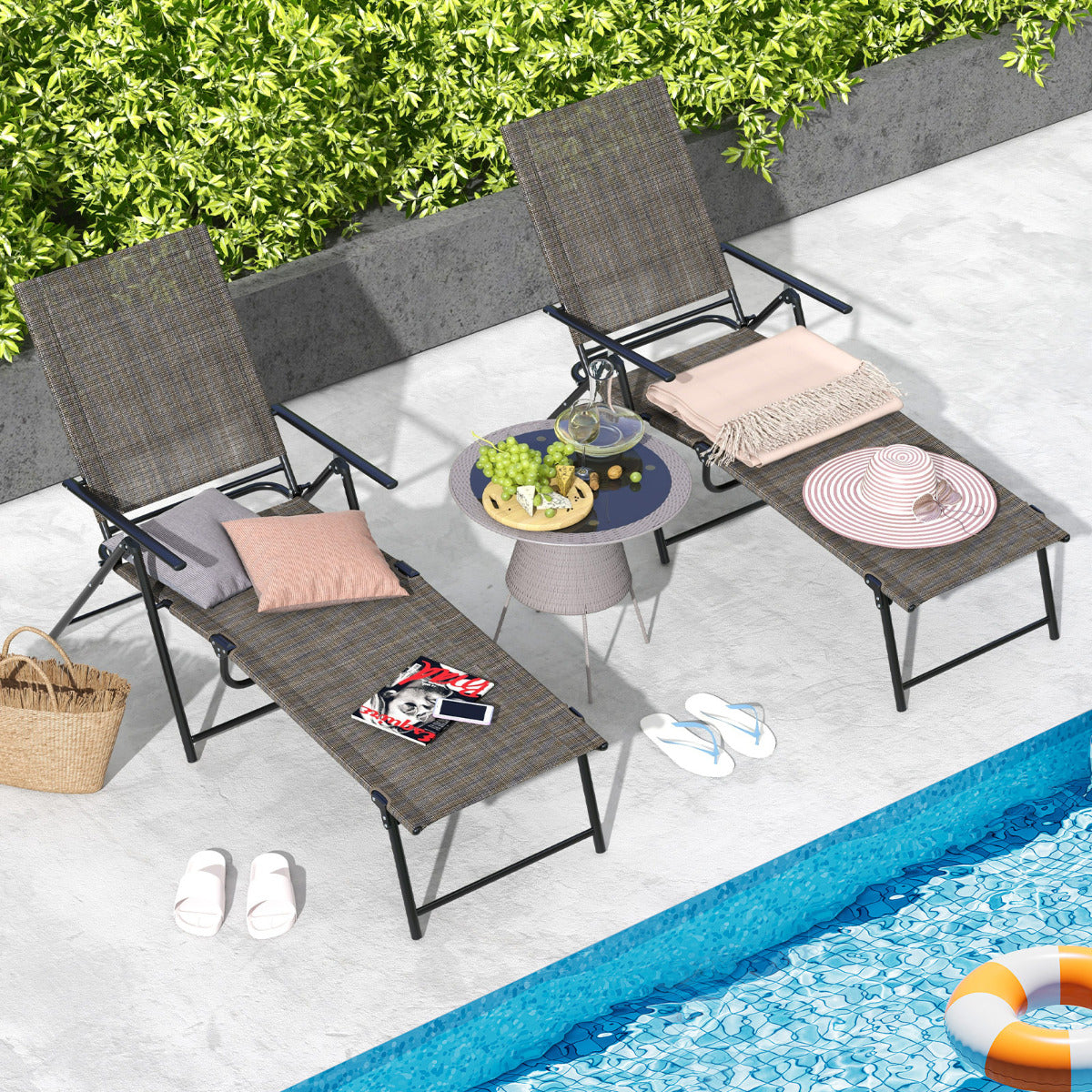 Juego de 2 Sillones Plegables con Respaldo de 6 Niveles Tela de Asiento Transpirable Marco de Metal para Patio 189 x 64 x 102 cm Marrón