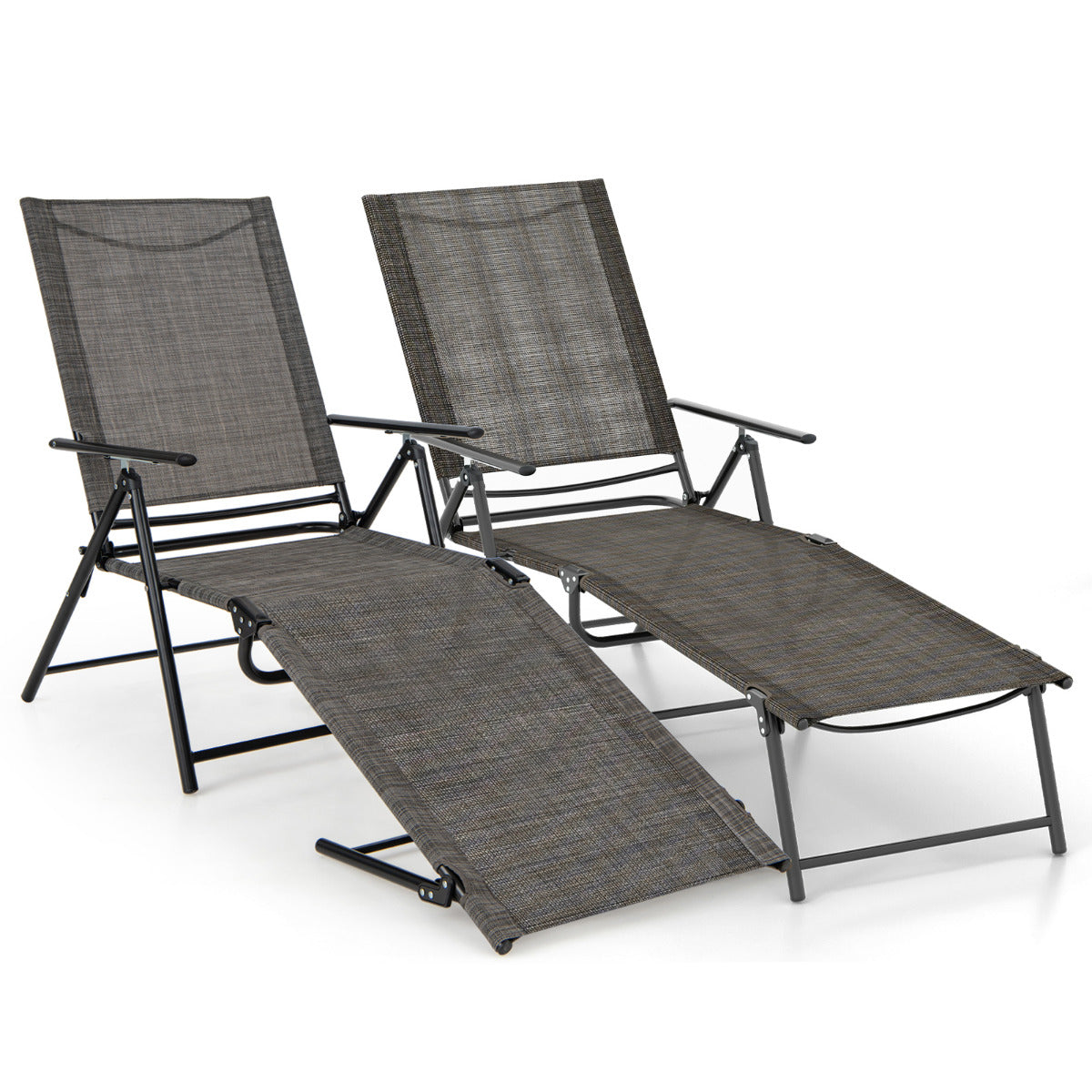 Juego de 2 Sillones Plegables con Respaldo de 6 Niveles Tela de Asiento Transpirable Marco de Metal para Patio 189 x 64 x 102 cm Marrón