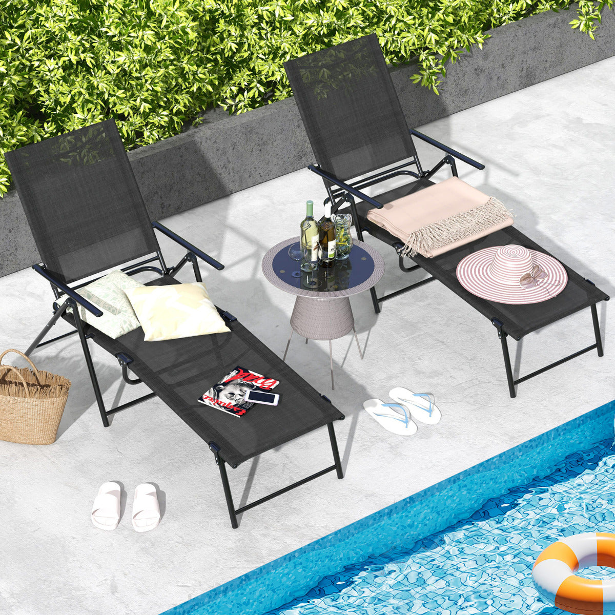 Juego de 2 Sillones Plegables con Respaldo de 6 Niveles Tela de Asiento Transpirable Marco de Metal para Patio 189 x 64 x 102 cm Negro