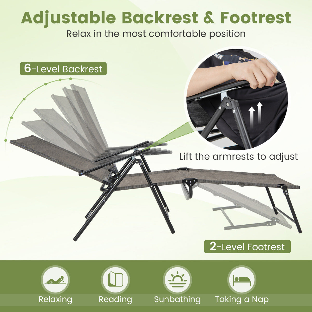 Juego de 2 Sillones Plegables con Respaldo de 6 Niveles Tela de Asiento Transpirable Marco de Metal para Patio 189 x 64 x 102 cm Negro