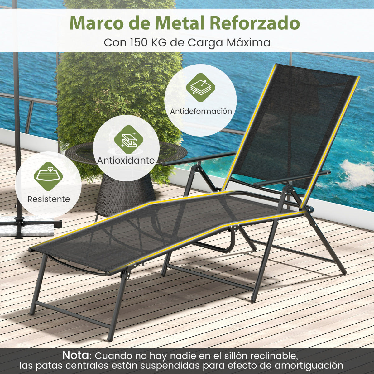 Juego de 2 Sillones Plegables con Respaldo de 6 Niveles Tela de Asiento Transpirable Marco de Metal para Patio 189 x 64 x 102 cm Negro
