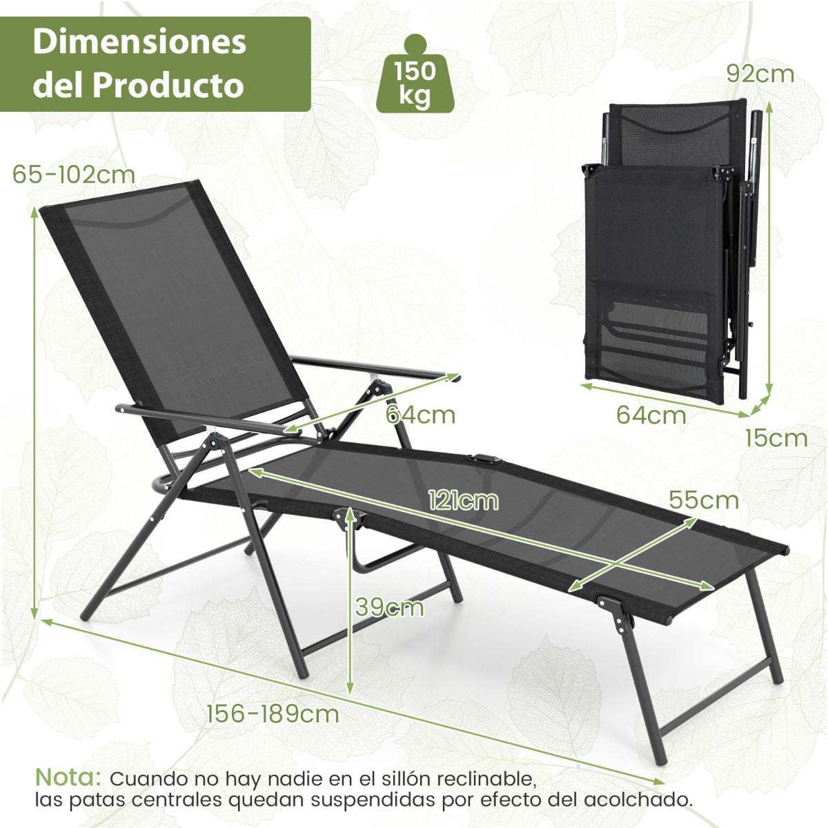Juego de 2 Sillones Plegables con Respaldo de 6 Niveles Tela de Asiento Transpirable Marco de Metal para Patio 189 x 64 x 102 cm Negro