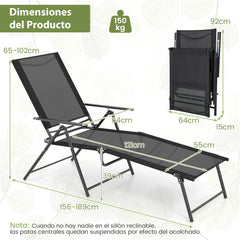 Juego de 2 Sillones Plegables con Respaldo de 6 Niveles Tela de Asiento Transpirable Marco de Metal para Patio 189 x 64 x 102 cm Negro