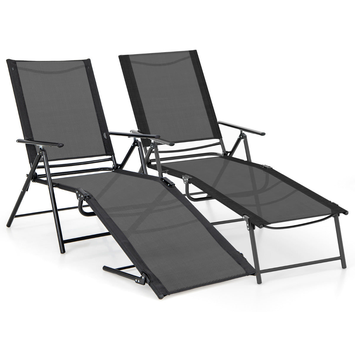 Juego de 2 Sillones Plegables con Respaldo de 6 Niveles Tela de Asiento Transpirable Marco de Metal para Patio 189 x 64 x 102 cm Negro