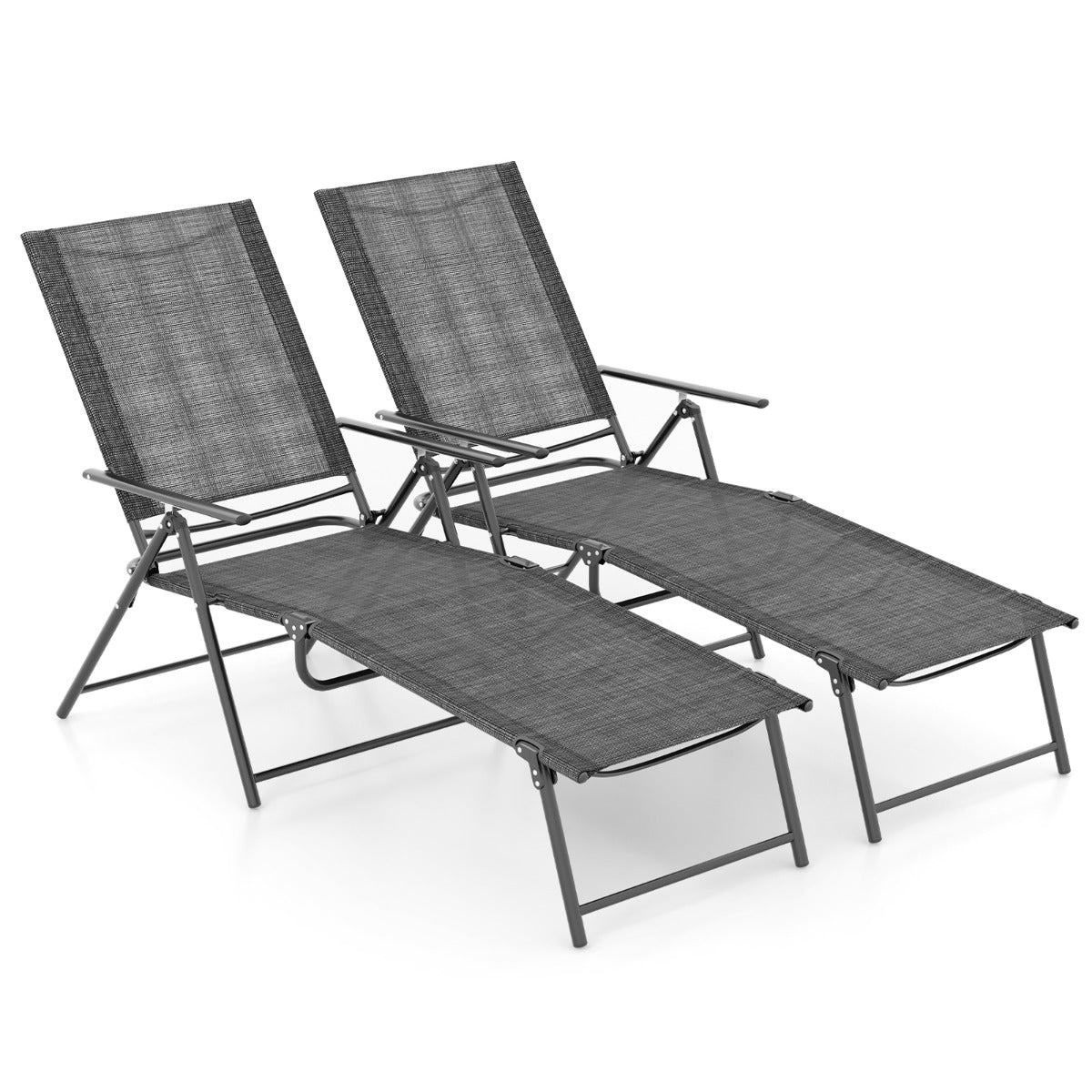 Juego de 2 Sillones Plegables con Respaldo de 6 Niveles Tela de Asiento Transpirable Marco de Metal para Patio 189 x 64 x 102 cm Gris