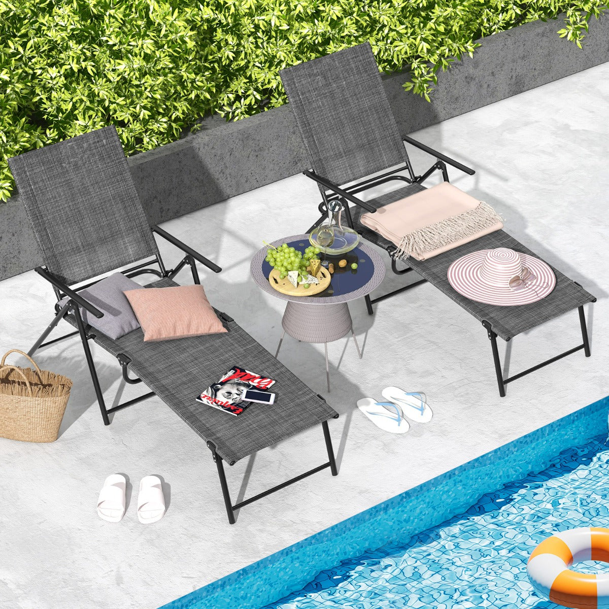 Juego de 2 Sillones Plegables con Respaldo de 6 Niveles Tela de Asiento Transpirable Marco de Metal para Patio 189 x 64 x 102 cm Gris