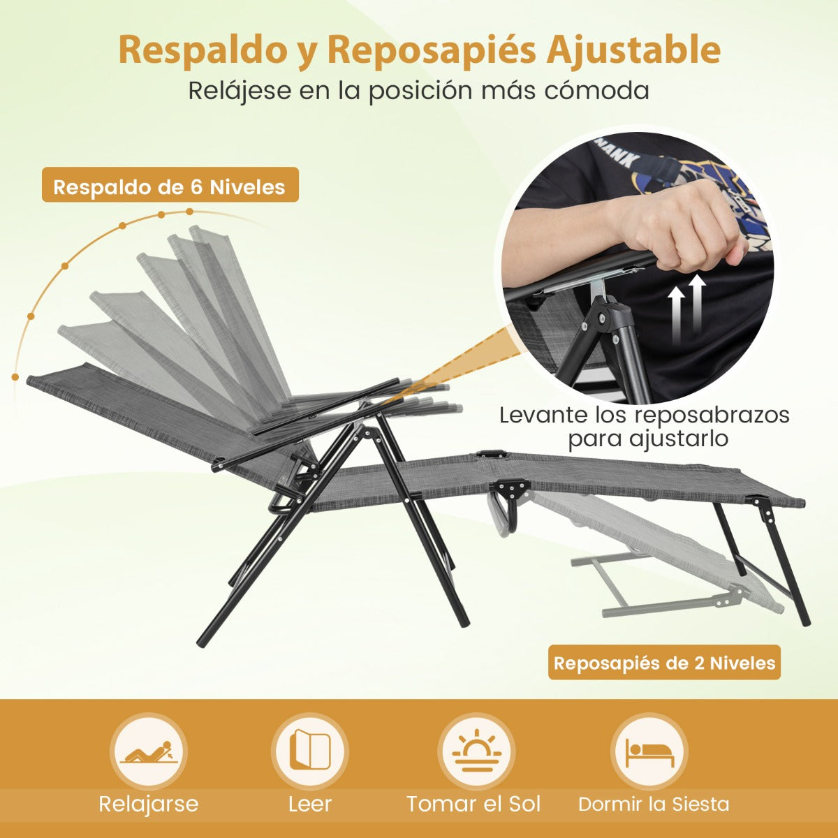 Juego de 2 Sillones Plegables con Respaldo de 6 Niveles Tela de Asiento Transpirable Marco de Metal para Patio 189 x 64 x 102 cm Gris
