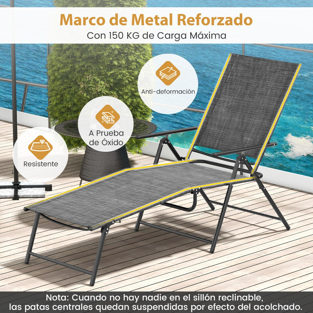 Juego de 2 Sillones Plegables con Respaldo de 6 Niveles Tela de Asiento Transpirable Marco de Metal para Patio 189 x 64 x 102 cm Gris