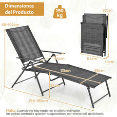 Juego de 2 Sillones Plegables con Respaldo de 6 Niveles Tela de Asiento Transpirable Marco de Metal para Patio 189 x 64 x 102 cm Gris