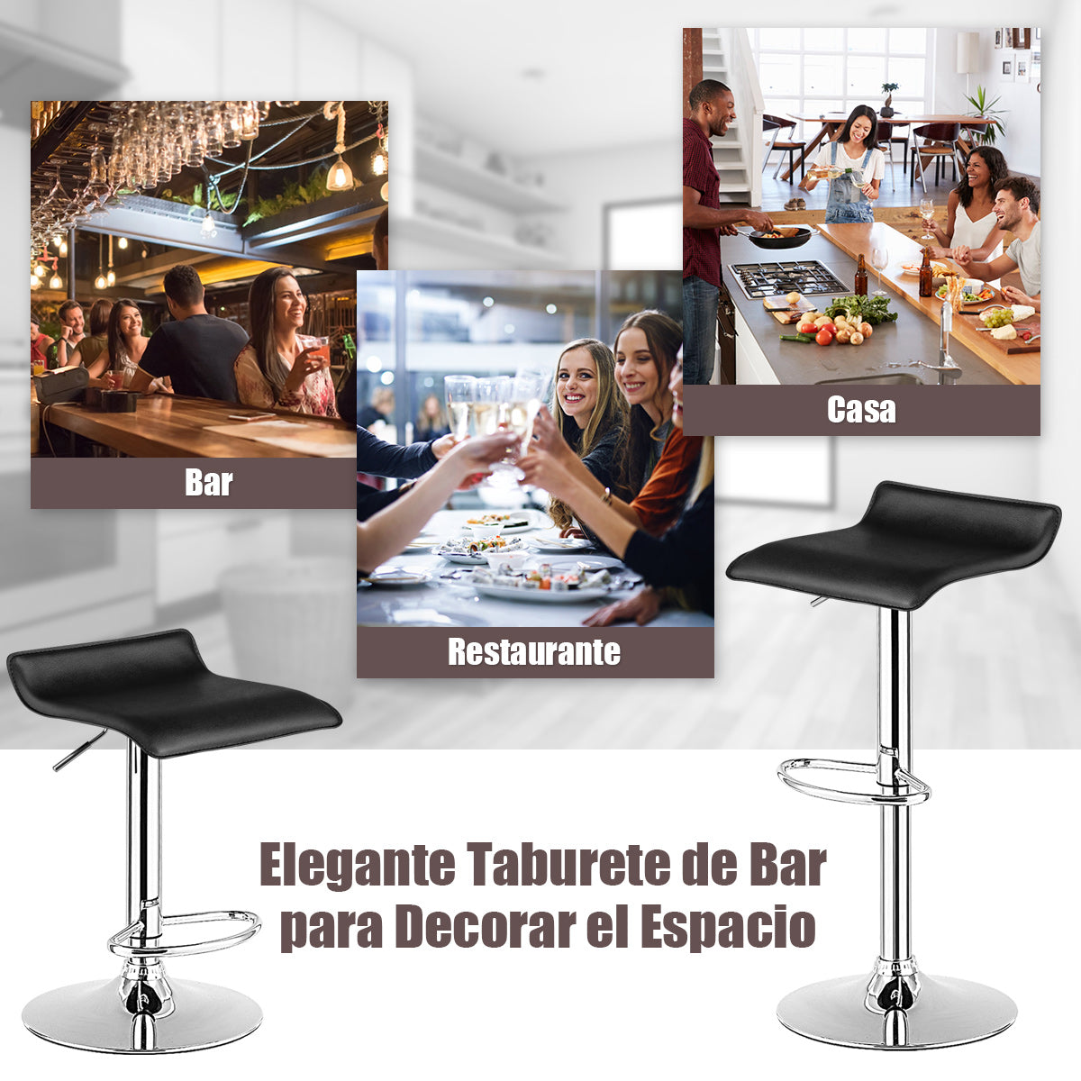 Juego de 2 Taburete Giratorio de Bar con Cuadradas Ajustables en Altura de Mostrador Cuero de PU Rotación de 360° Semirespaldo Negro