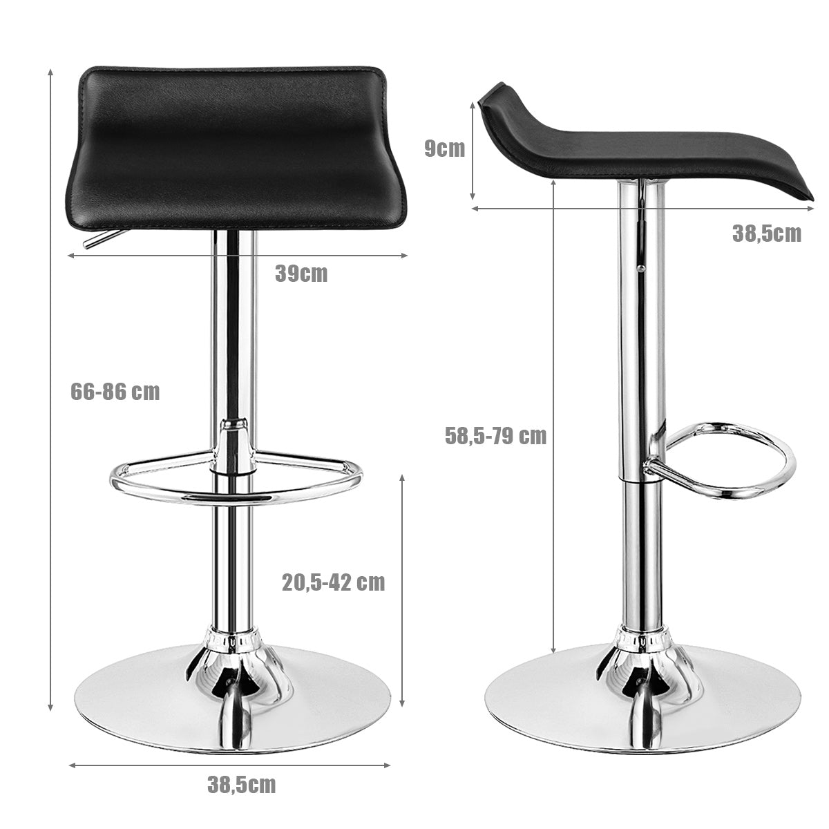 Juego de 2 Taburete Giratorio de Bar con Cuadradas Ajustables en Altura de Mostrador Cuero de PU Rotación de 360° Semirespaldo Negro