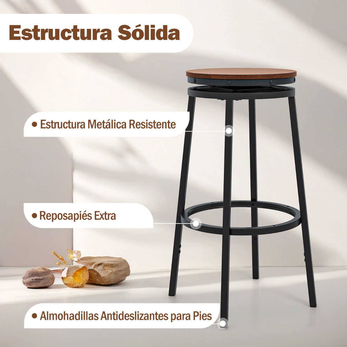 Juego de 2 Taburetes de Bar con Giro de 360° Ajustables en Altura de 74/61 cm de Metal Pesado con Reposapiés Sillas de Cocina Comedor