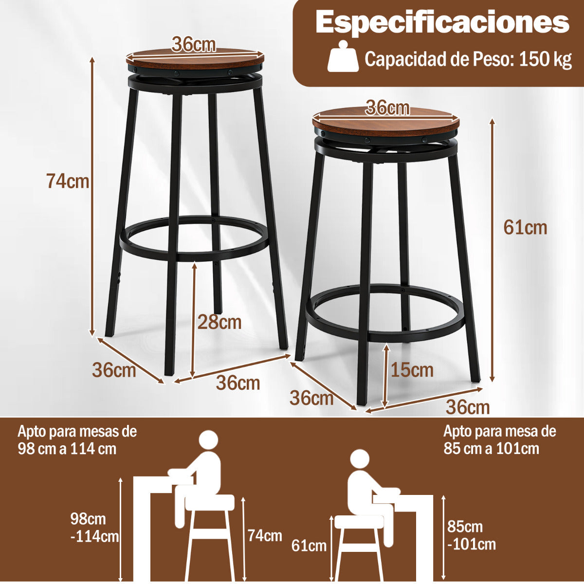 Juego de 2 Taburetes de Bar con Giro de 360° Ajustables en Altura de 74/61 cm de Metal Pesado con Reposapiés Sillas de Cocina Comedor