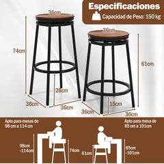 Juego de 2 Taburetes de Bar con Giro de 360° Ajustables en Altura de 74/61 cm de Metal Pesado con Reposapiés Sillas de Cocina Comedor
