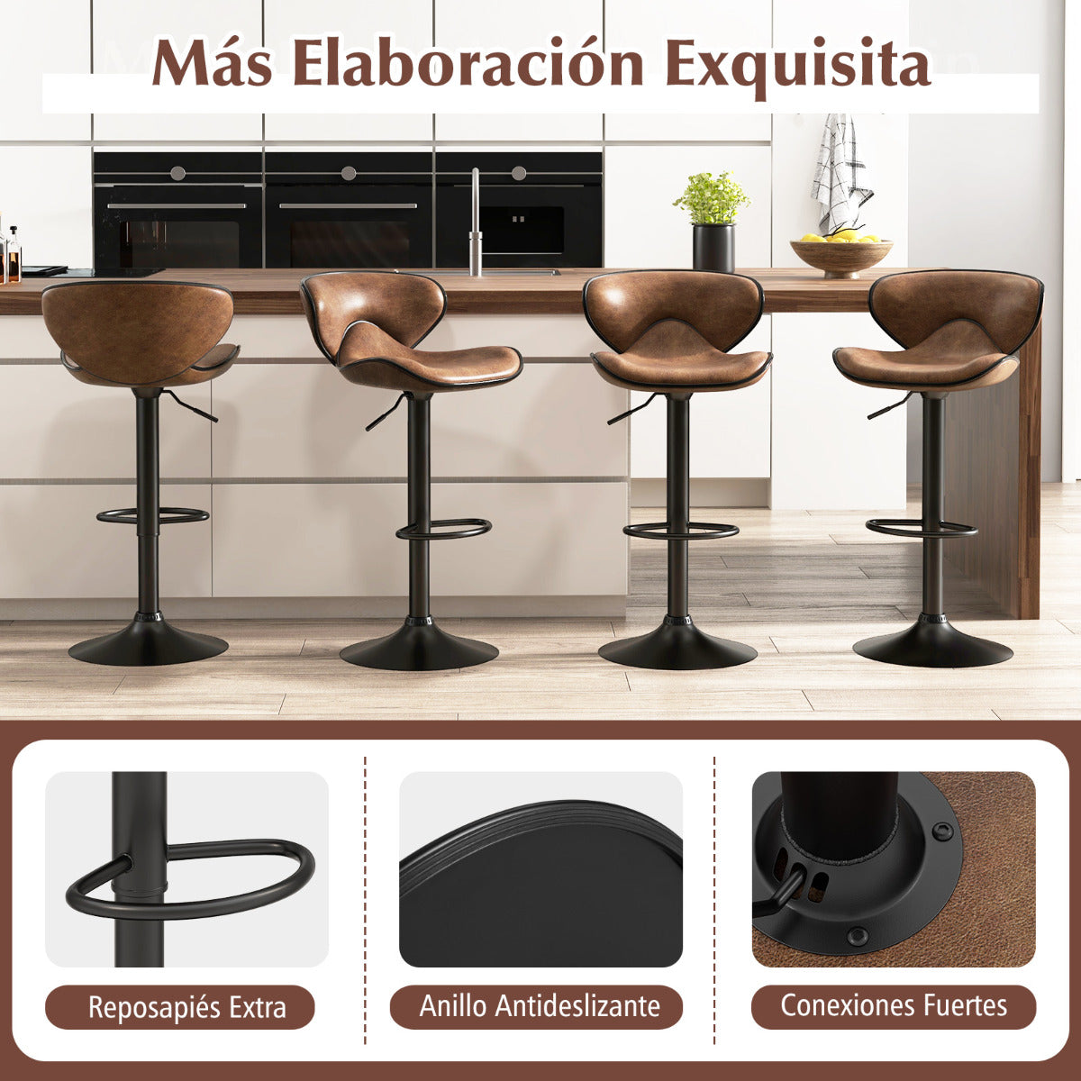 Juego de 2 Taburetes de Bar Giratorios de Altura Ajustable Sillas Tapizadas con Respaldo de Comedor con Marco Metálico para Bar Cocina