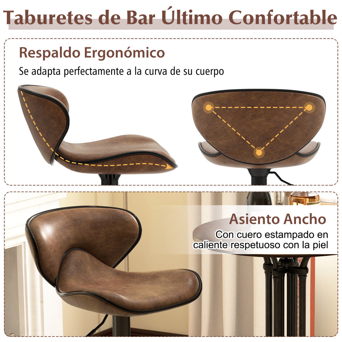 Juego de 2 Taburetes de Bar Giratorios de Altura Ajustable Sillas Tapizadas con Respaldo de Comedor con Marco Metálico para Bar Cocina