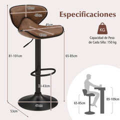 Juego de 2 Taburetes de Bar Giratorios de Altura Ajustable Sillas Tapizadas con Respaldo de Comedor con Marco Metálico para Bar Cocina