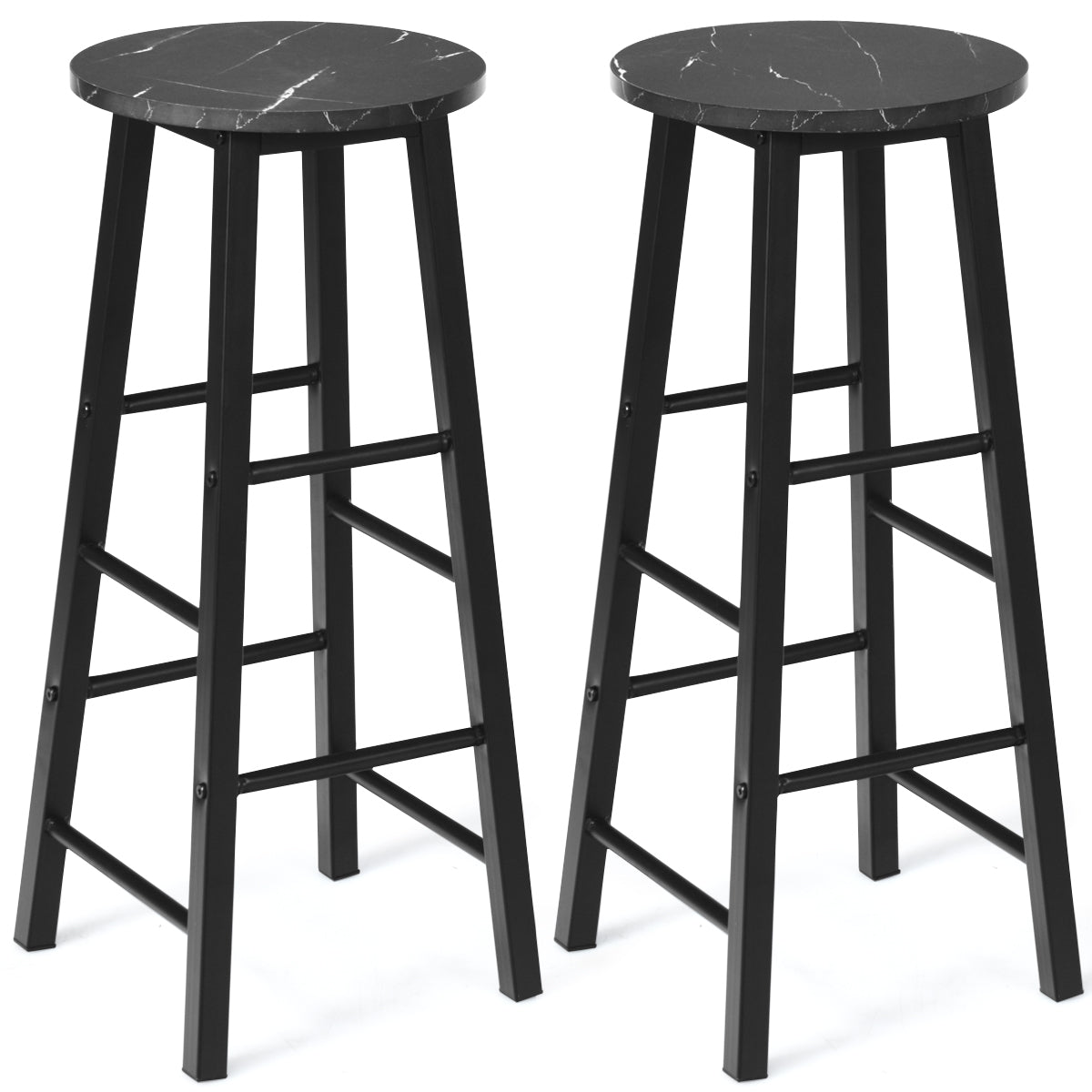 Juego de 2 Taburetes de Bar Altos Rústicos de Mármol Sintético Sillas Altas con Asiento Redondo de Comedor con Reposapiés para Pub Negro
