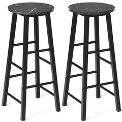 Juego de 2 Taburetes de Bar Altos Rústicos de Mármol Sintético Sillas Altas con Asiento Redondo de Comedor con Reposapiés para Pub Negro