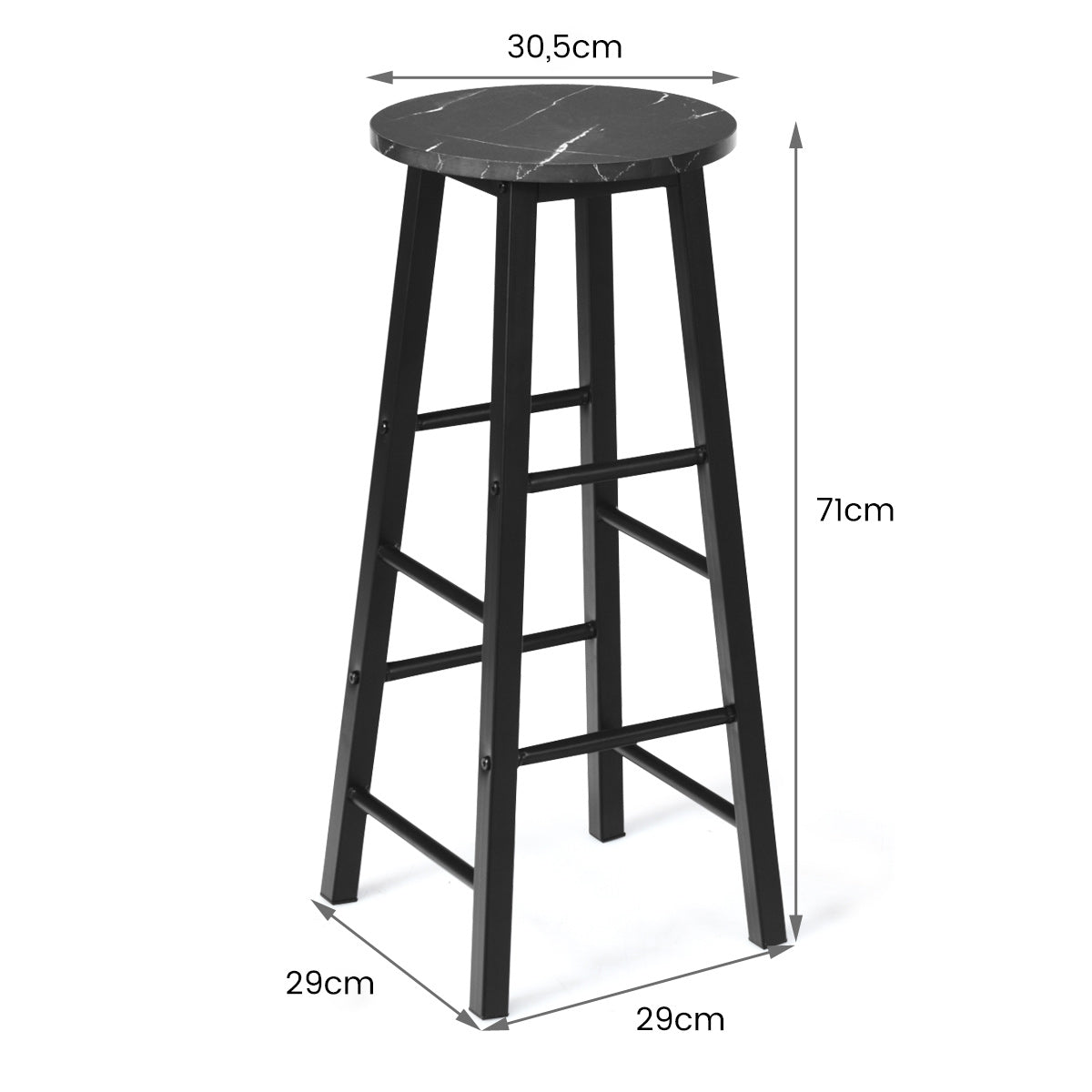 Juego de 2 Taburetes de Bar Altos Rústicos de Mármol Sintético Sillas Altas con Asiento Redondo de Comedor con Reposapiés para Pub Negro