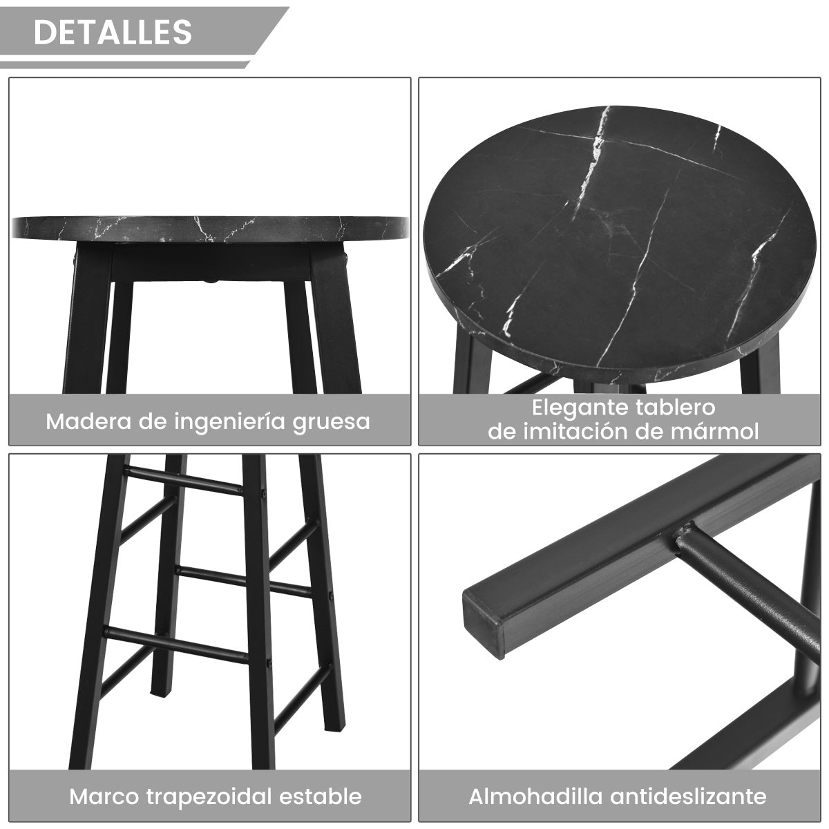 Juego de 2 Taburetes de Bar Altos Rústicos de Mármol Sintético Sillas Altas con Asiento Redondo de Comedor con Reposapiés para Pub Negro