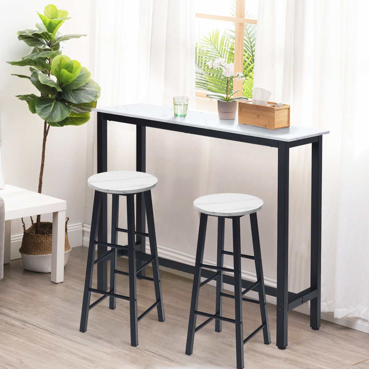 Juego de 2 Taburetes de Bar Altos Rústicos de Mármol Sintético Sillas Altas con Asiento Redondo de Comedor con Reposapiés para Pub Blanco