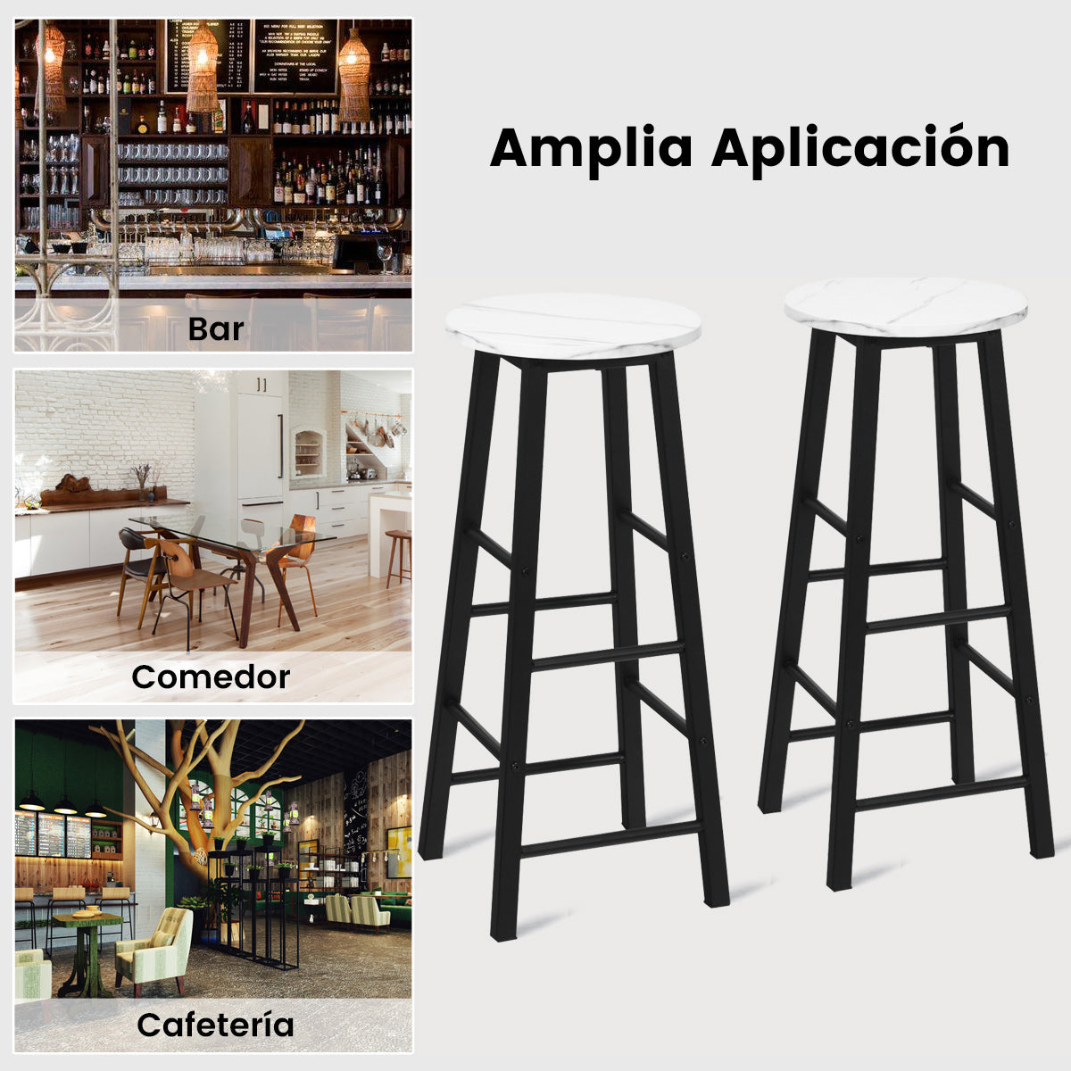 Juego de 2 Taburetes de Bar Altos Rústicos de Mármol Sintético Sillas Altas con Asiento Redondo de Comedor con Reposapiés para Pub Blanco