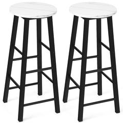 Juego de 2 Taburetes de Bar Altos Rústicos de Mármol Sintético Sillas Altas con Asiento Redondo de Comedor con Reposapiés para Pub Blanco