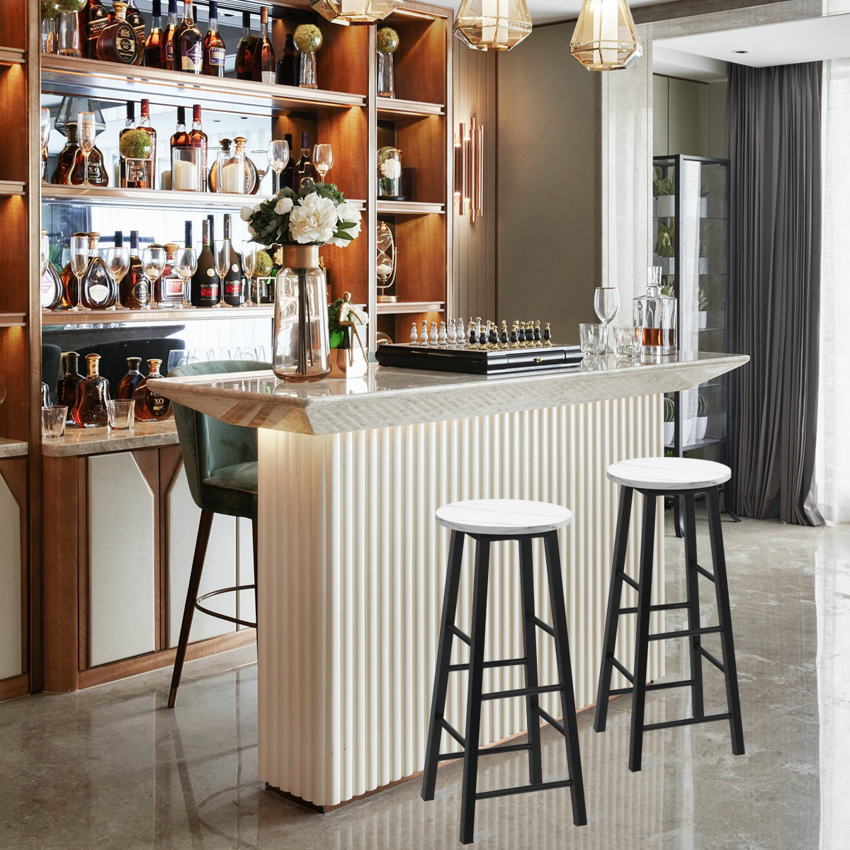 Juego de 2 Taburetes de Bar Altos Rústicos de Mármol Sintético Sillas Altas con Asiento Redondo de Comedor con Reposapiés para Pub Blanco