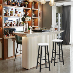 Juego de 2 Taburetes de Bar Altos Rústicos de Mármol Sintético Sillas Altas con Asiento Redondo de Comedor con Reposapiés para Pub Blanco
