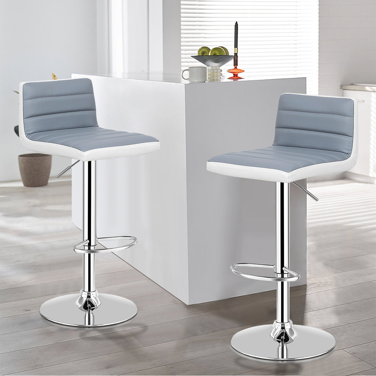Juego de 2 Taburetes de Bar Altura Ajustable Silla Alta Barra de Cuero PU Asiento Giratorio de Pub Cafetería 37 x 43 x 98 cm Gris