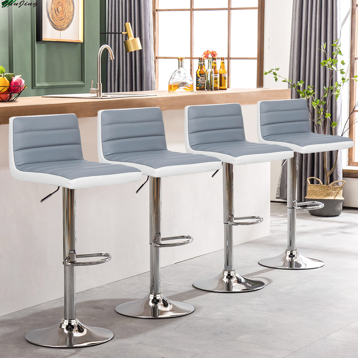 Juego de 2 Taburetes de Bar Altura Ajustable Silla Alta Barra de Cuero PU Asiento Giratorio de Pub Cafetería 37 x 43 x 98 cm Gris