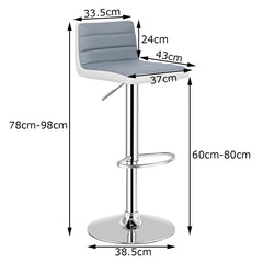 Juego de 2 Taburetes de Bar Altura Ajustable Silla Alta Barra de Cuero PU Asiento Giratorio de Pub Cafetería 37 x 43 x 98 cm Gris