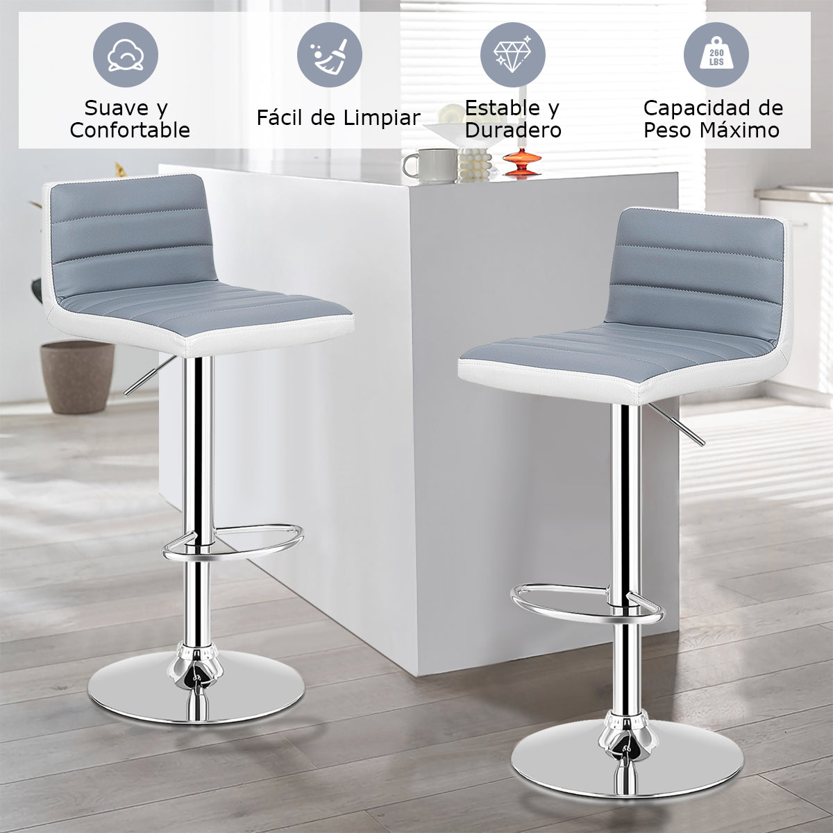 Juego de 2 Taburetes de Bar Altura Ajustable Silla Alta Barra de Cuero PU Asiento Giratorio de Pub Cafetería 37 x 43 x 98 cm Gris