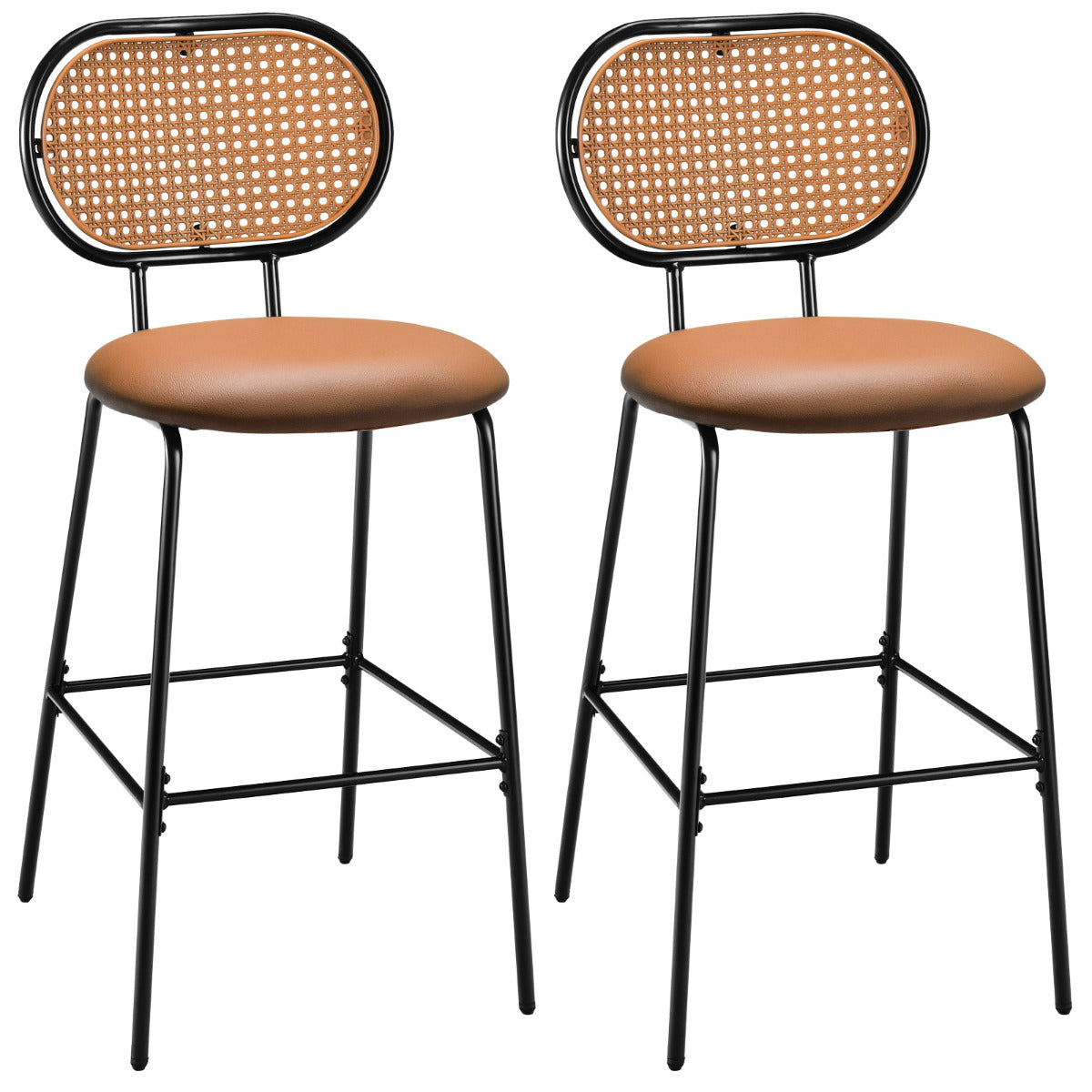 Juego de 2 Taburetes de Bar 75 cm Silla Alta de Comedor de Imitación de Cuero Respaldo Tejido de Ratán sin Brazos para Bistró Cocina Marrón